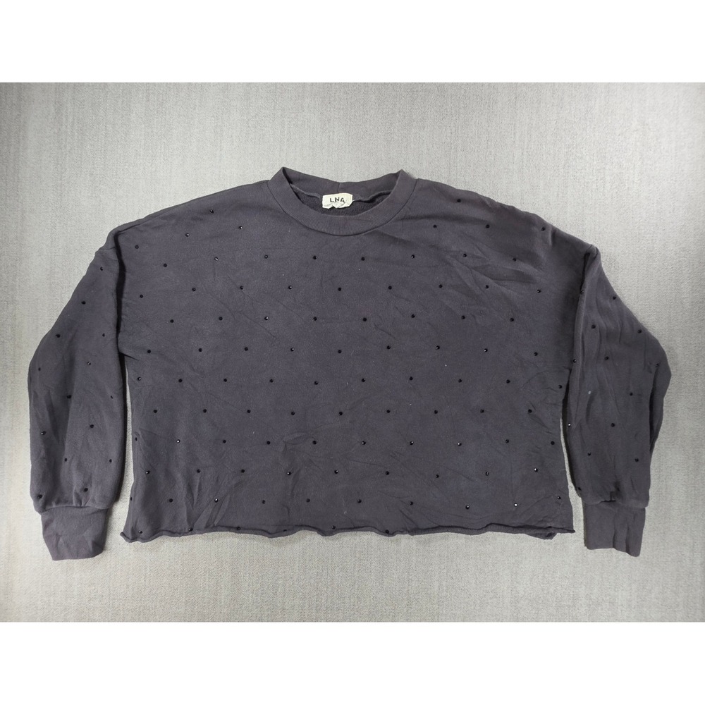 LNA Sweatshirt Women XS Grey Crystal Embellished Raw Hem Fleece Pullover